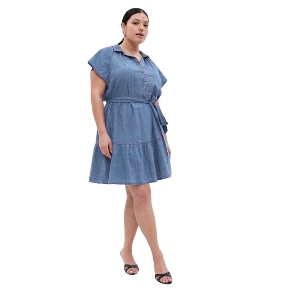 GAP Denim Mini Shirtdress Womens XL Blue Flutter Sleeve Tiered Belted Med Wash